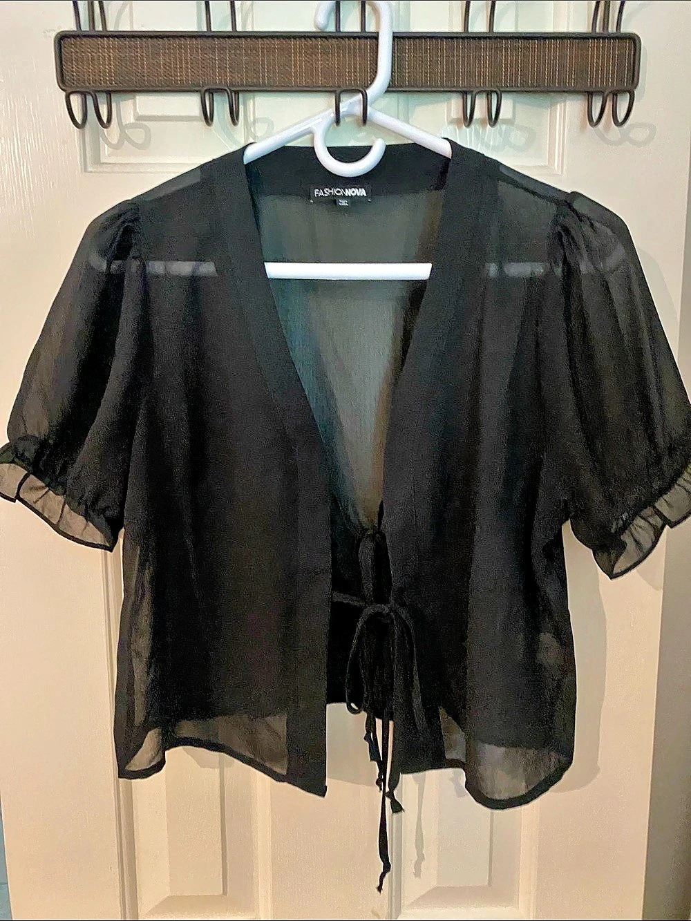 Fashion Nova Sheer Ruffle Sleeve Blouse Black Medium Like New